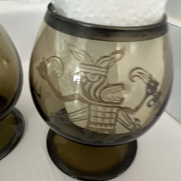 6 Vtg Smoked Smoke Glass Glasses Snifter Brandy Scotch Cognac Bar Peru Mayan - Picture 11 of 16